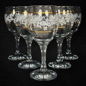 Pasabahce Floral Gold Banded Wine Glasses Set of 5 Turkey Art Glass Vintage